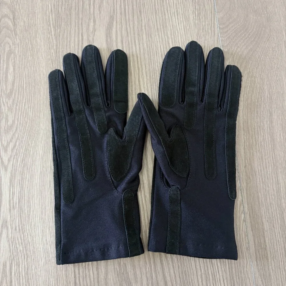 Black Genuine Leather Suede Gloves Stretch Lined Womens One Size Classic Winter